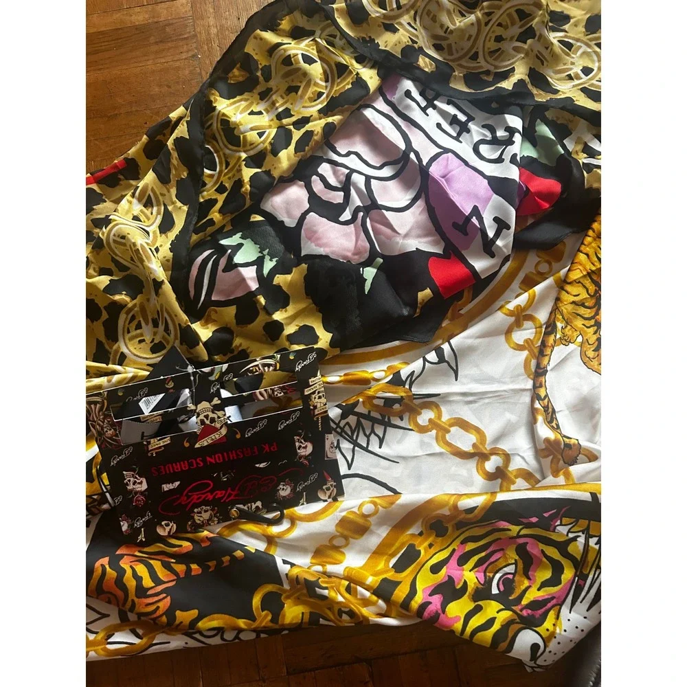 Ed Hardy 2 Pack 100% Silk Fashion Scarves Tiger Leopard Tattoo Print NWT